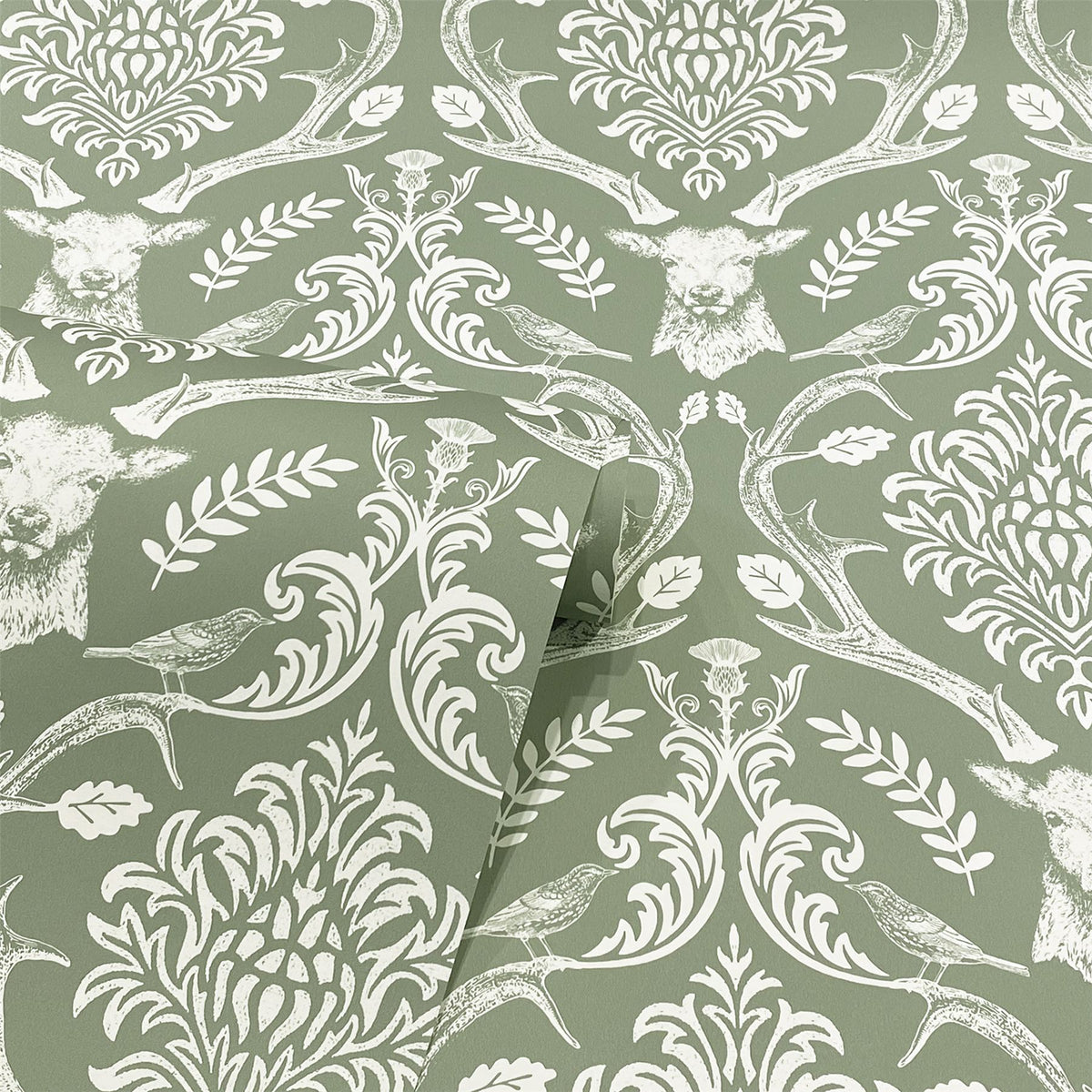 Stag Damask Sage Green Wallpaper image 3