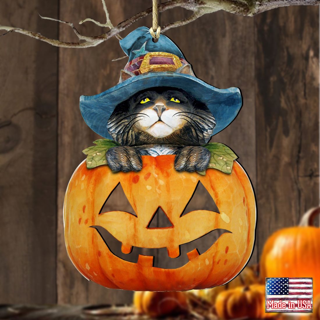 Halloween Cat Pumpkin Wooden Ornaments Fall by G. DeBrekht - Thanksgiving Halloween Decor - 8158416-2