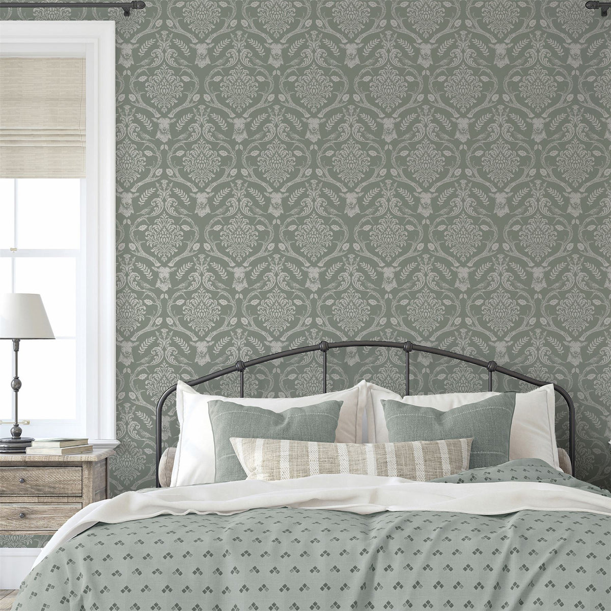 Stag Damask Sage Green Wallpaper image 4