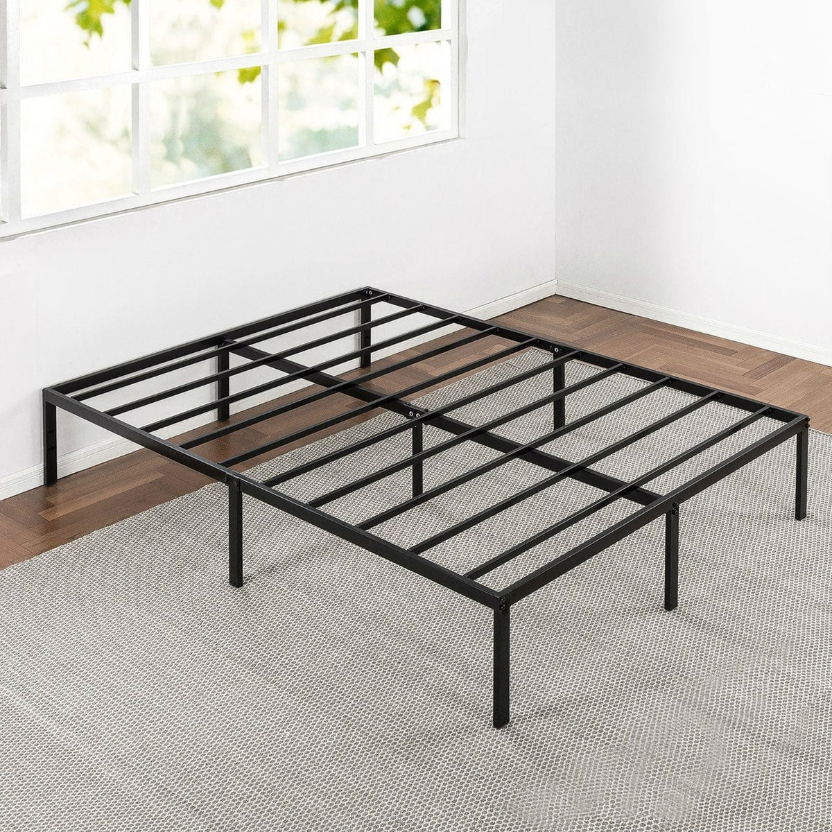 Queen size Sturdy Black Metal Platform Bed Frame with Headboard Attachments-0