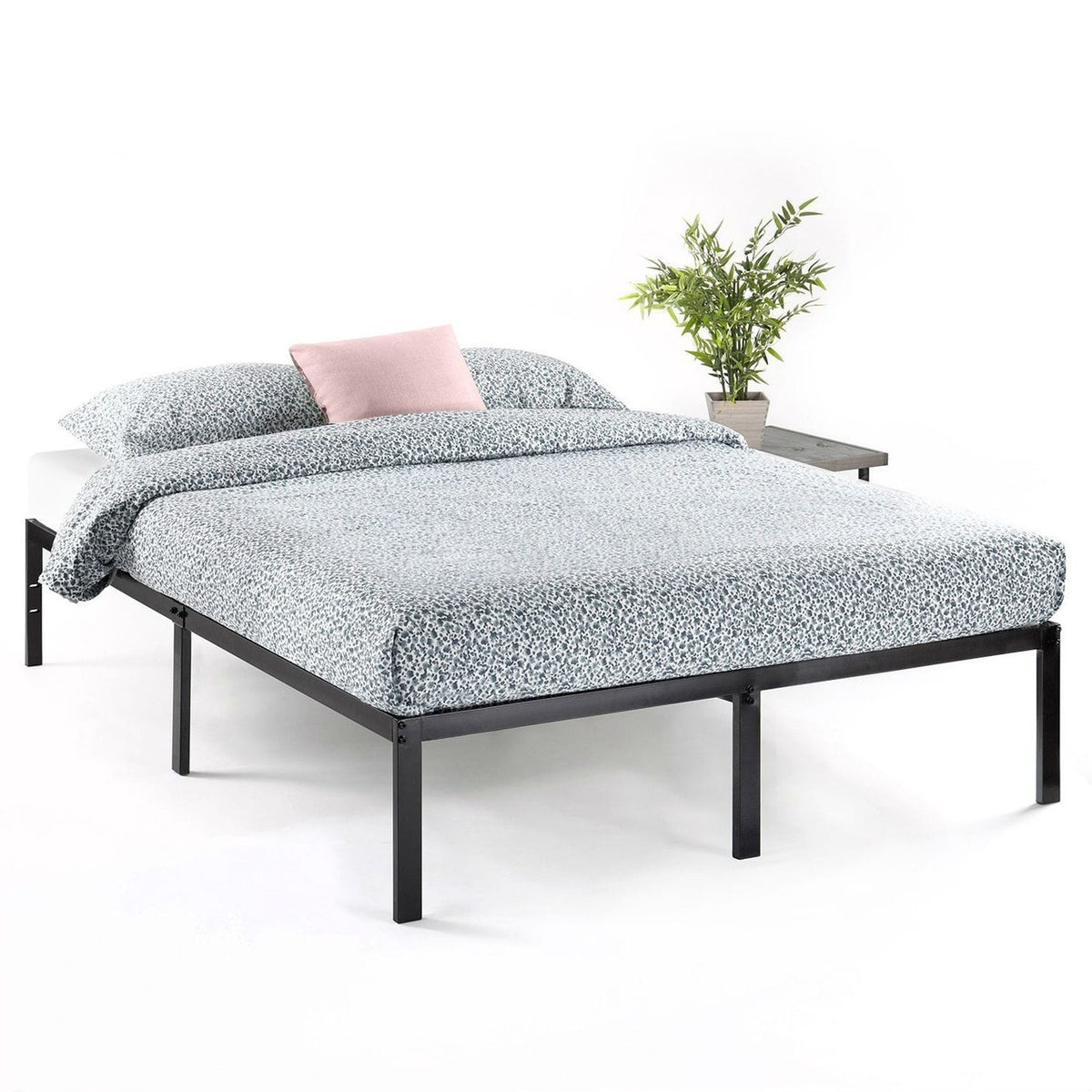 Queen size Sturdy Black Metal Platform Bed Frame with Headboard Attachments-1