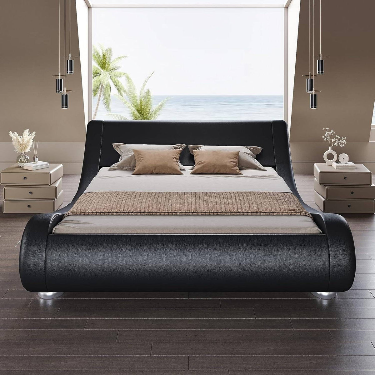 Full Modern Black Upholstered Platform Bed Frame with Sleigh Curved Headboard-0