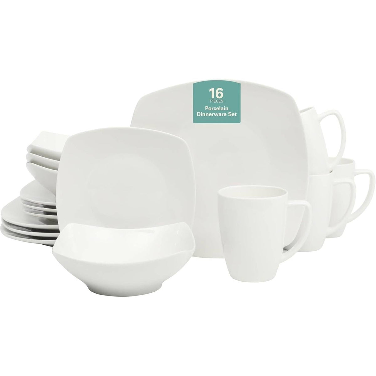 16 Pieces - White Square Porcelain Dinnerware Set - Service for 4-2