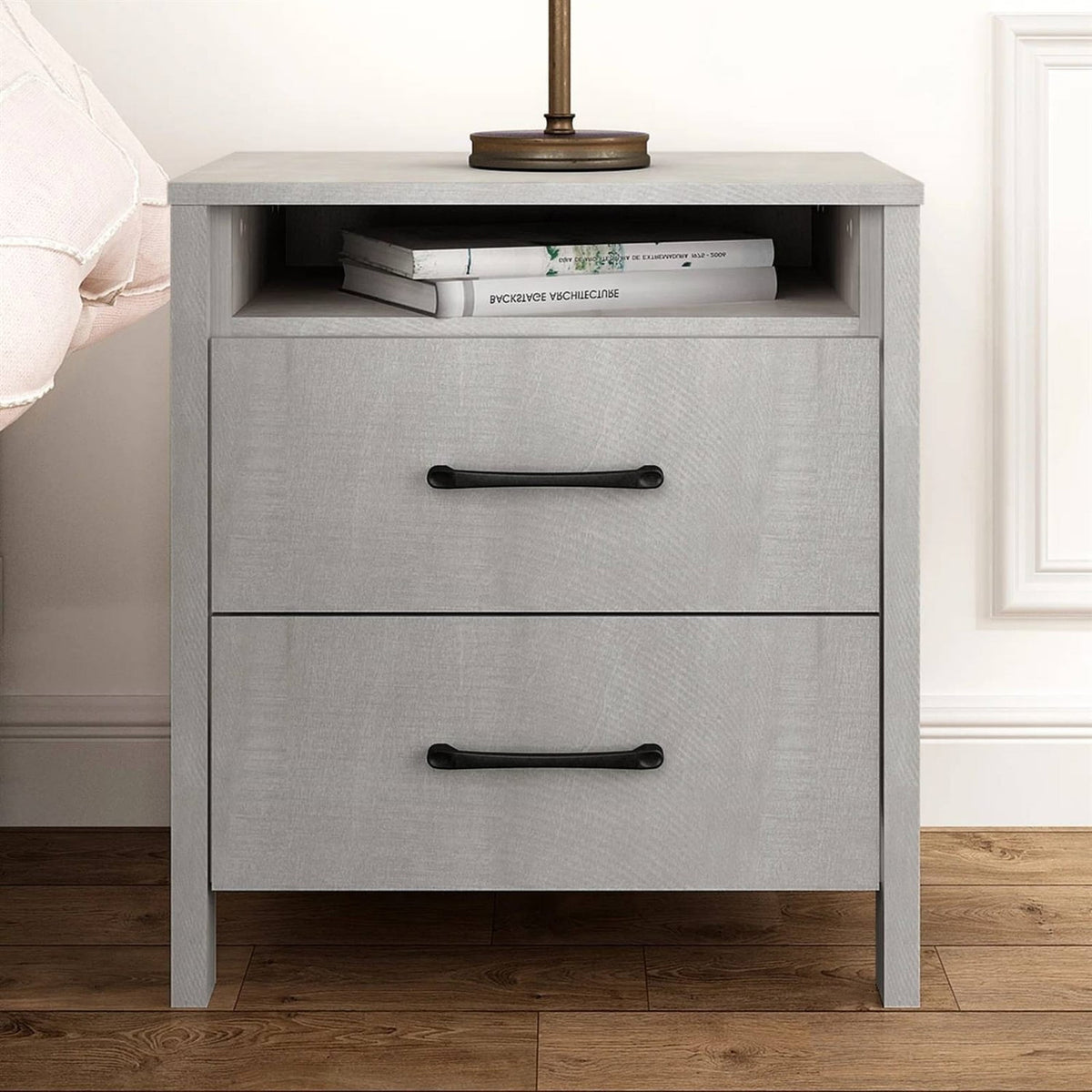Modern Farmhouse Bedroom 2-Drawer Bedside Table Nightstand in Grey Wood Finish-1