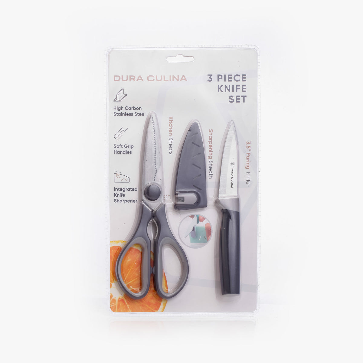 3 Piece Kitchen Knife Set - Paring Knife, Blade Guard with Built in Sharpener, and Multi Purpose Shears