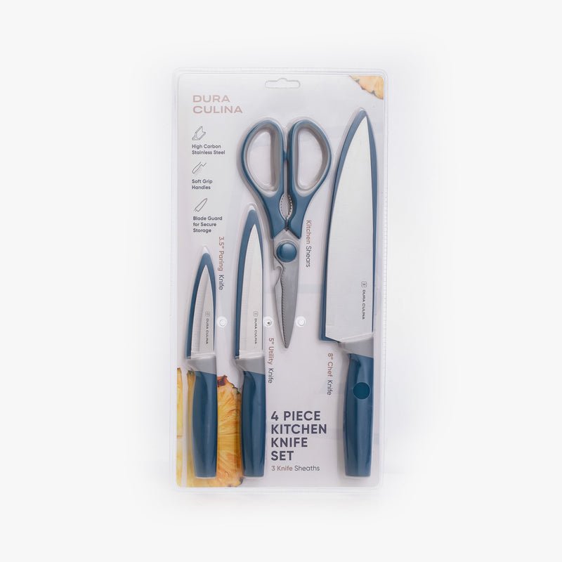 4 Piece Kitchen Knife Set- Chef, Utility, Paring, Multi Purpose Shears, and Matching Blade Guards