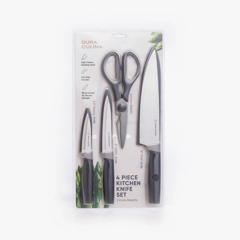 4 Piece Kitchen Knife Set- Chef, Utility, Paring, Multi Purpose Shears, and Matching Blade Guards