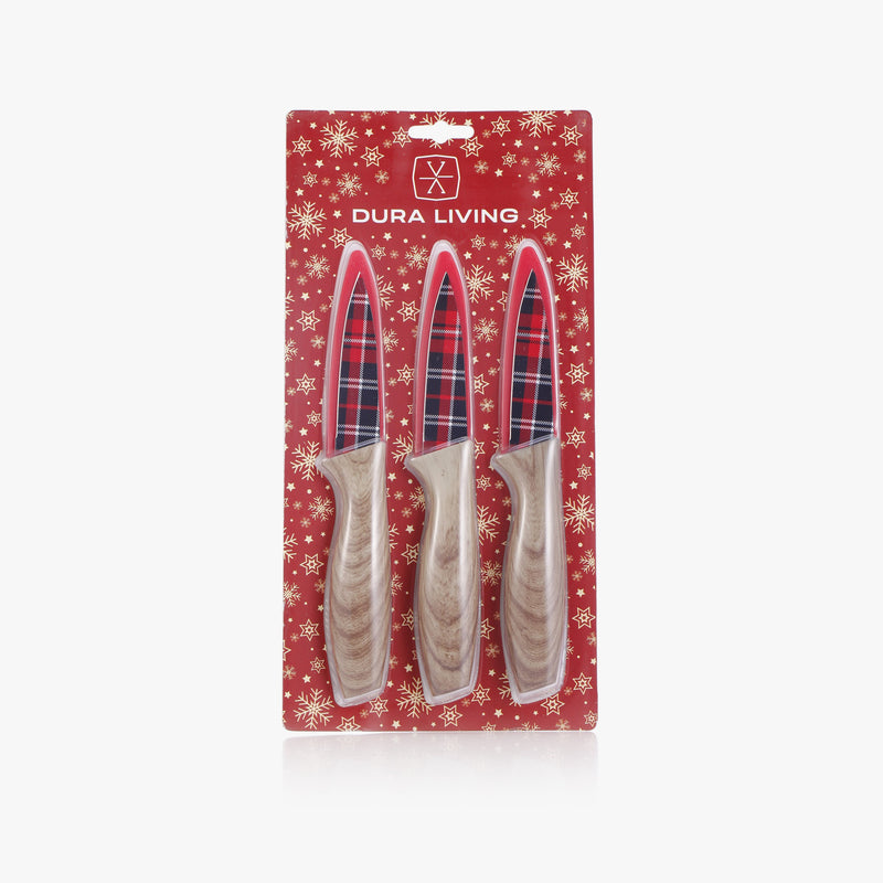 3-Piece Festive Holiday Paring Knife Set with Blade Guards, Gingham-0
