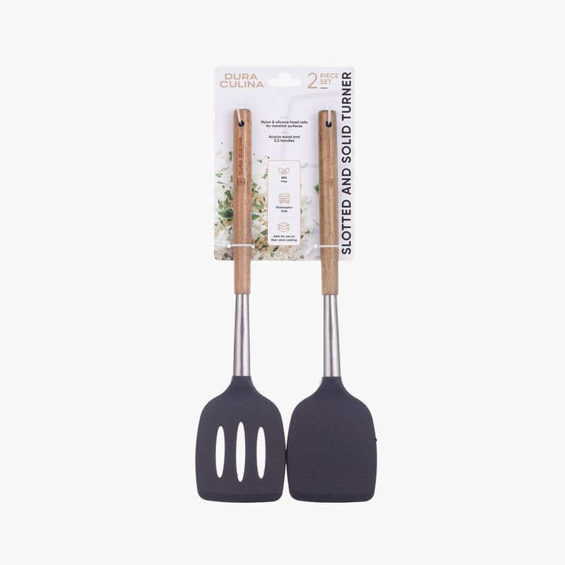 2-Piece Solid & Slotted Turner Set - Acacia Wood & Stainless Steel Handles, Silicone Heads, Non-Stick Safe, Black