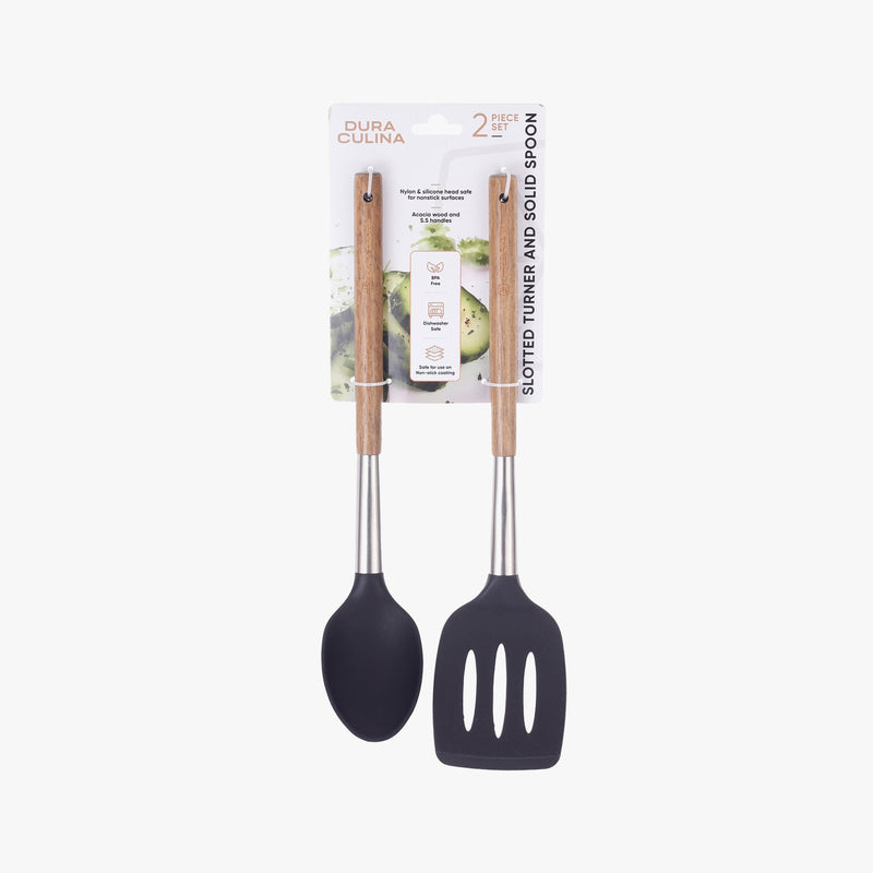 2-Piece Solid Spoon & Slotted Turner Set - Acacia Wood & Stainless Steel Handles, Silicone Heads, Non-Stick Safe, Black-0