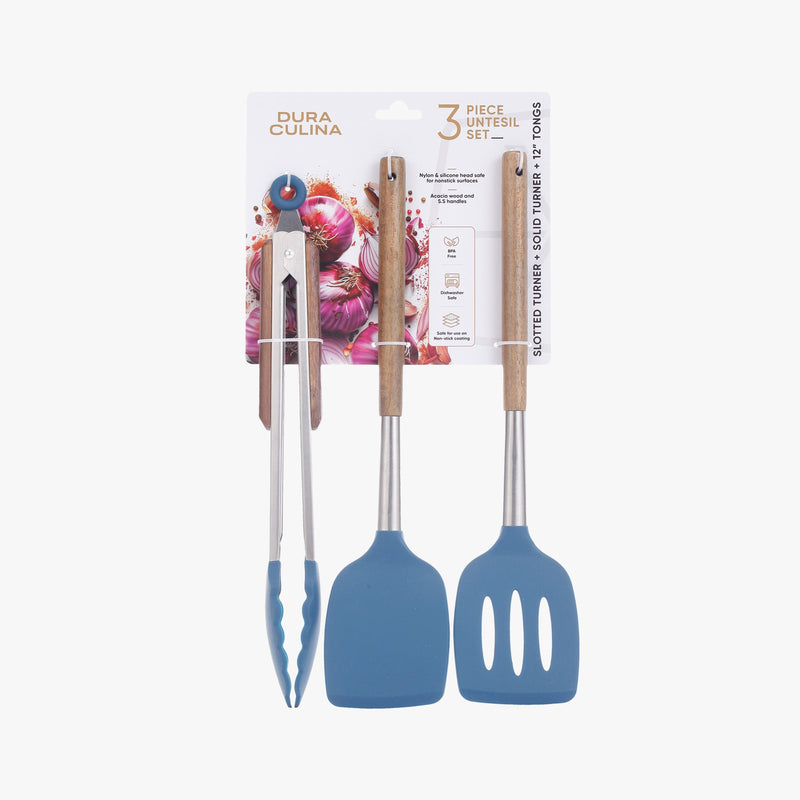 3-Piece Kitchen Tool Set - Acacia Wood & Stainless Steel Handles, Silicone Heads, Non-Stick Safe, Navy-0