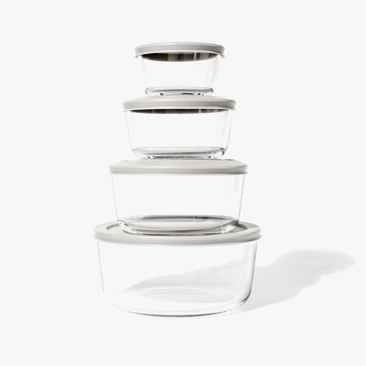 8 Piece Set (4 Containers + 4 Lids) Round Nesting Glass Storage Containers, Grey