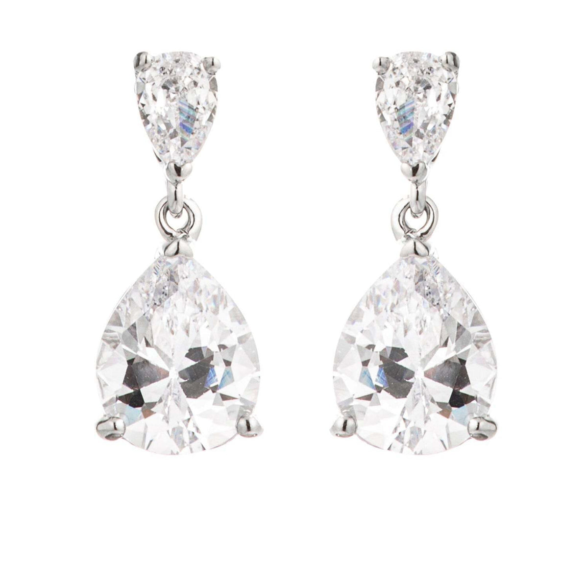 Rhodium Plated Double Pear Drop Earrings-0