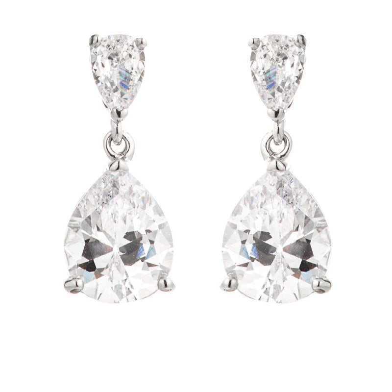 Rhodium Plated Double Pear Drop Earrings-0