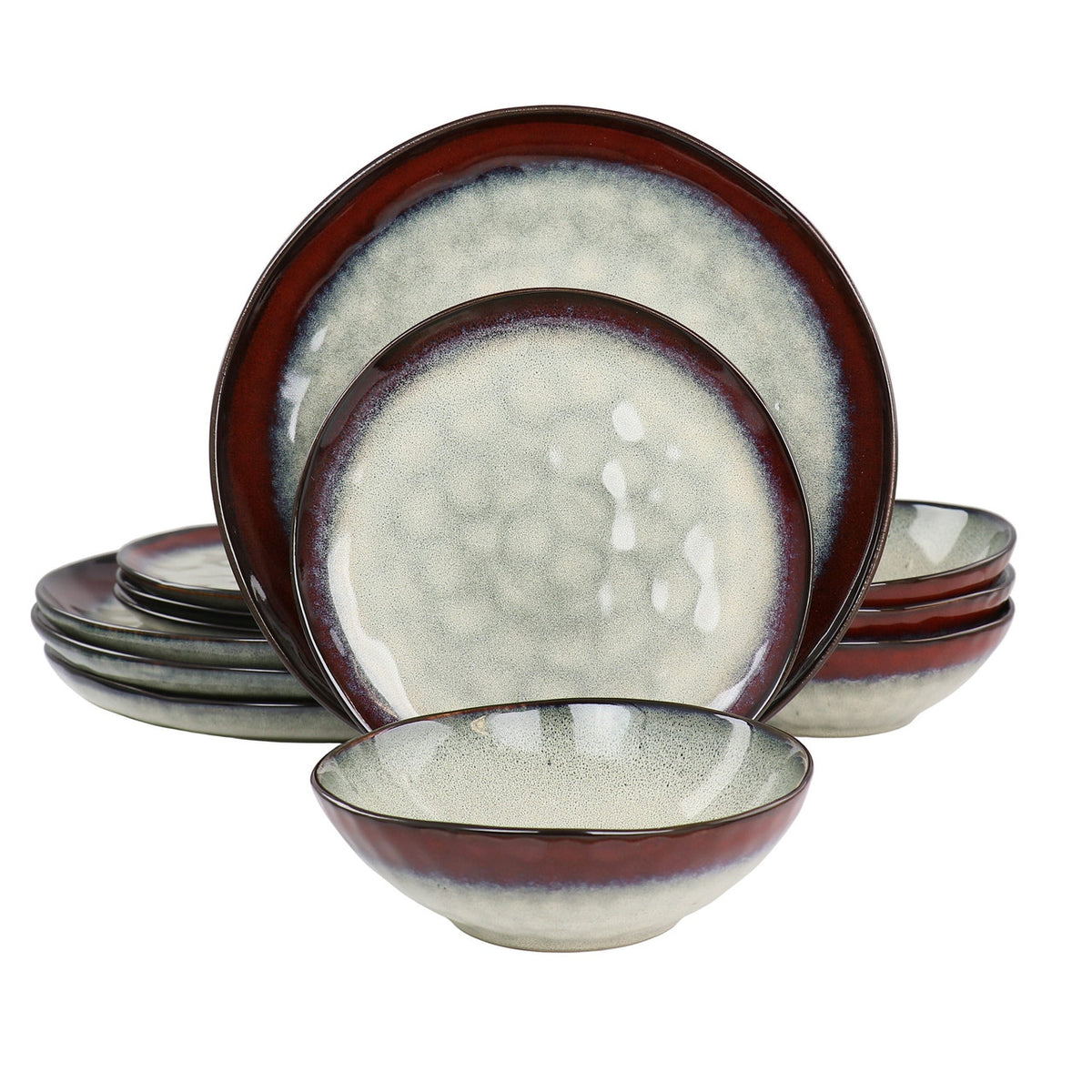 Elama Samara 12 Piece Stoneware Dinnerware Set in Red and Off White-0