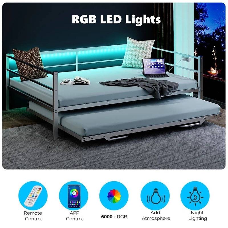 Full size White Metal Daybed with Twin size Pop Up Trundle and LED Lights-0