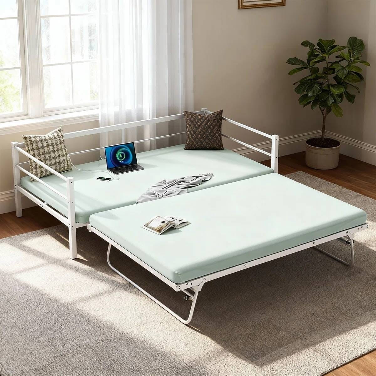 Full size White Metal Daybed with Twin size Pop Up Trundle and LED Lights-1