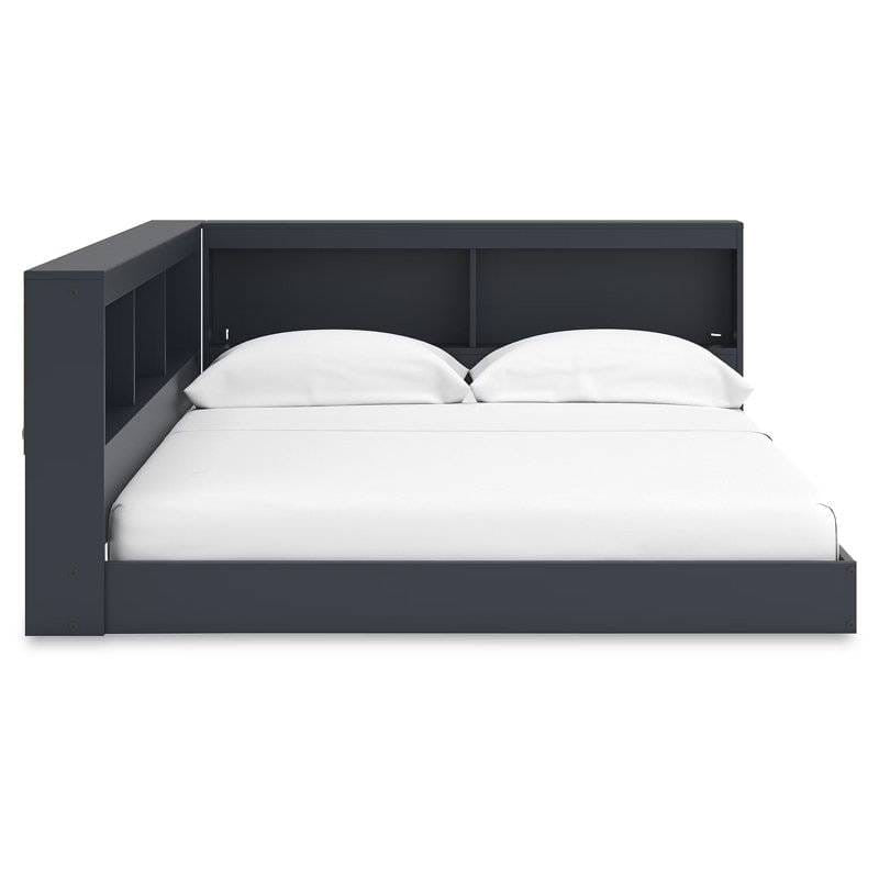 Full size Blue Wooden Corner Storage Bed with Bookcase Headboard and USB Ports-0