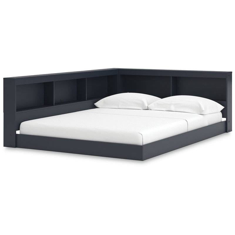 Full size Blue Wooden Corner Storage Bed with Bookcase Headboard and USB Ports-1