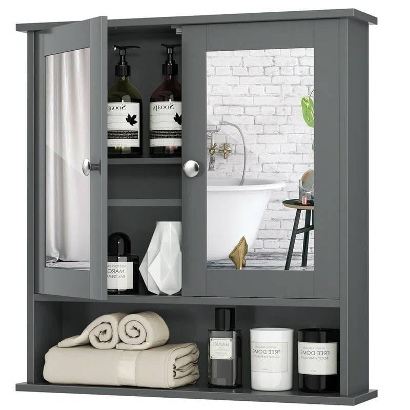 Grey Wood Bathroom Wall / Medicine Cabinet with Mirrored Doors and Shelf-0