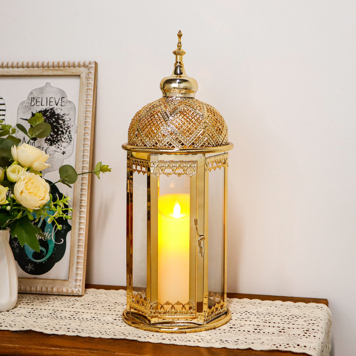 Moroccan Candle Lantern 17'' Gold Hexagonal Candle Holder-4