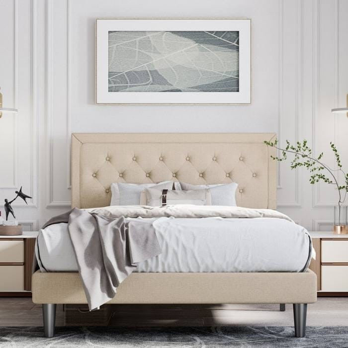 King Adjustable Height Platform Bed Frame with Beige Upholstered Headboard-1