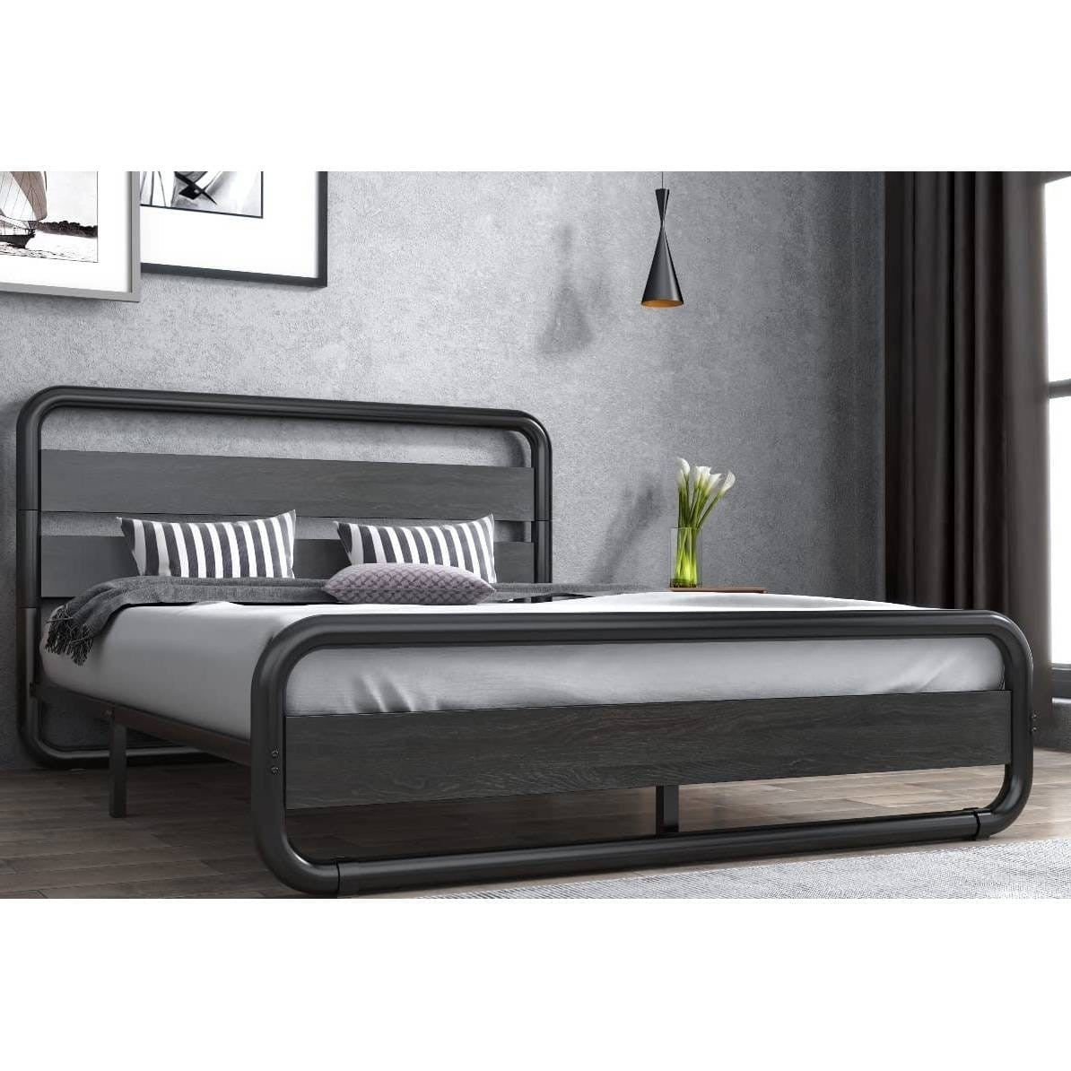 King Heavy Duty Round Metal Frame Platform Bed with Black Wood Panel Headboard-0