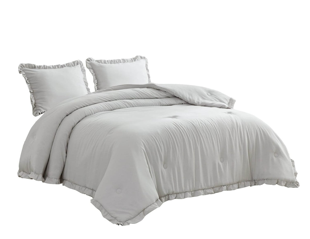 Full Size Grey Stone Washed Ruffled Edge Microfiber Comforter Set-0