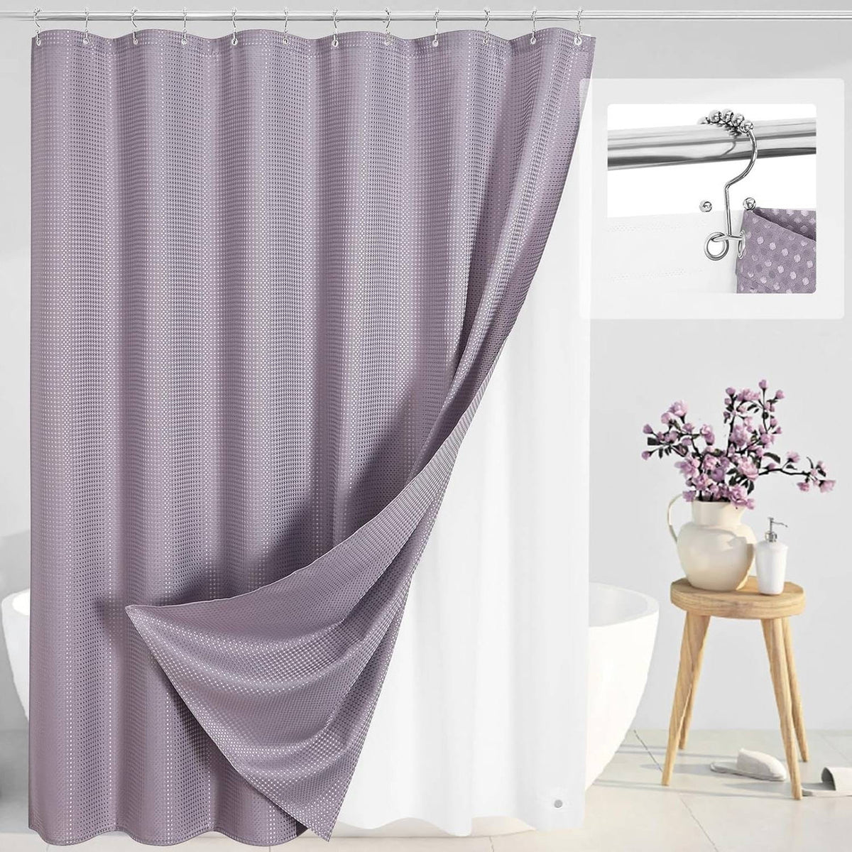 72"W x 72"H Lavender Waffle Textured Shower Curtain Set with Liner-0