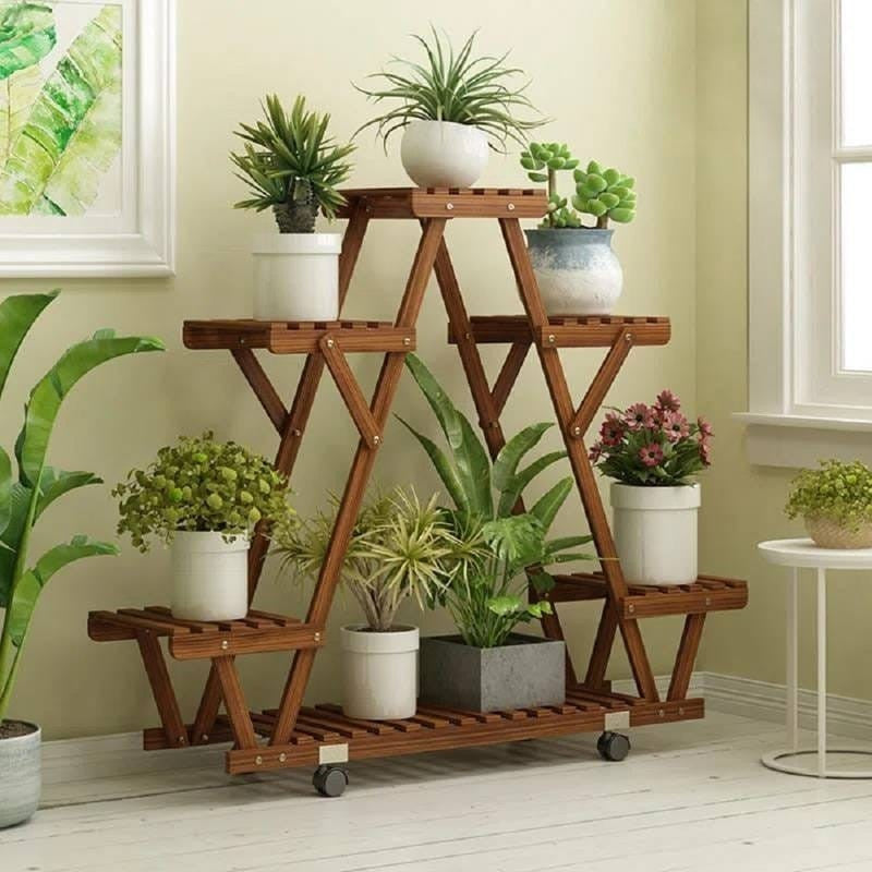 Indoor Outdoor Solid Wood Triangular Multi-Tier Plant Stand with Locking Wheels-0