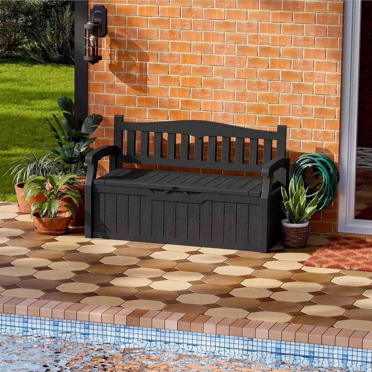 Heavy Duty Black Plastic Outdoor Storage Garden Bench Patio Deck Box-1