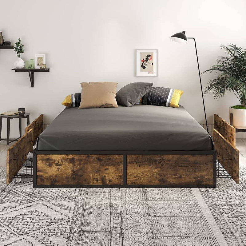 Queen Metal Wood Platform Bed Frame with 4 Storage Drawers - 800 lbs Max Weight-0