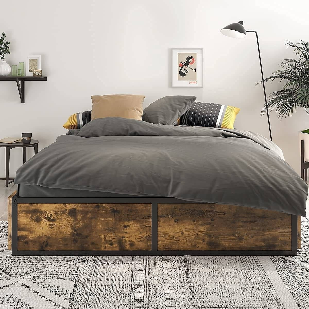 Queen Metal Wood Platform Bed Frame with 4 Storage Drawers - 800 lbs Max Weight-1