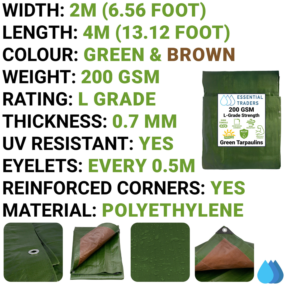 2m x 4m Green & Brown Tarpaulins, L-Grade 200 GSM