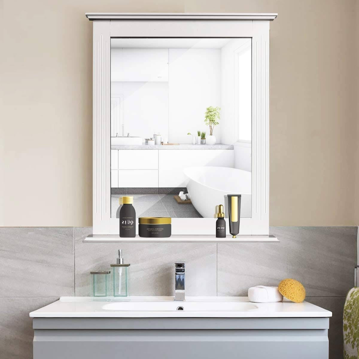 White Rectangle Bedroom Bathroom Vanity Wall Mirror with Bottom Shelf-0