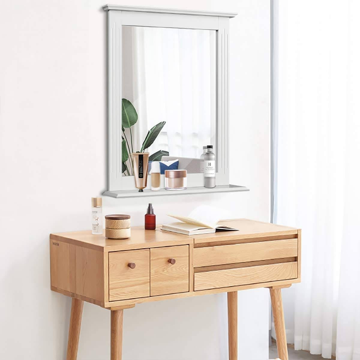 White Rectangle Bedroom Bathroom Vanity Wall Mirror with Bottom Shelf-1