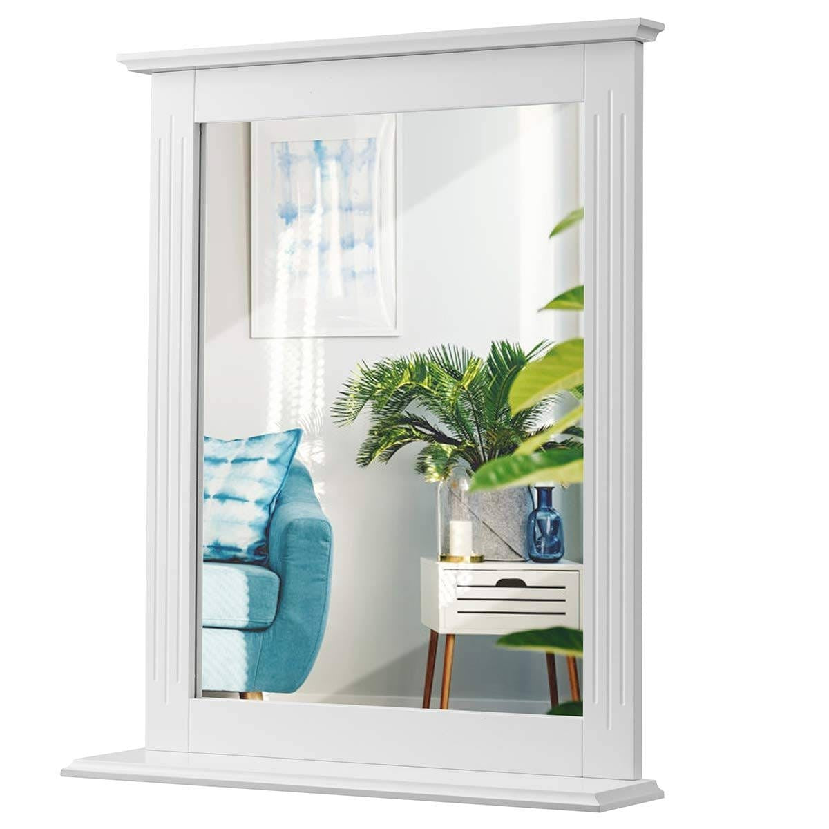 White Rectangle Bedroom Bathroom Vanity Wall Mirror with Bottom Shelf-2