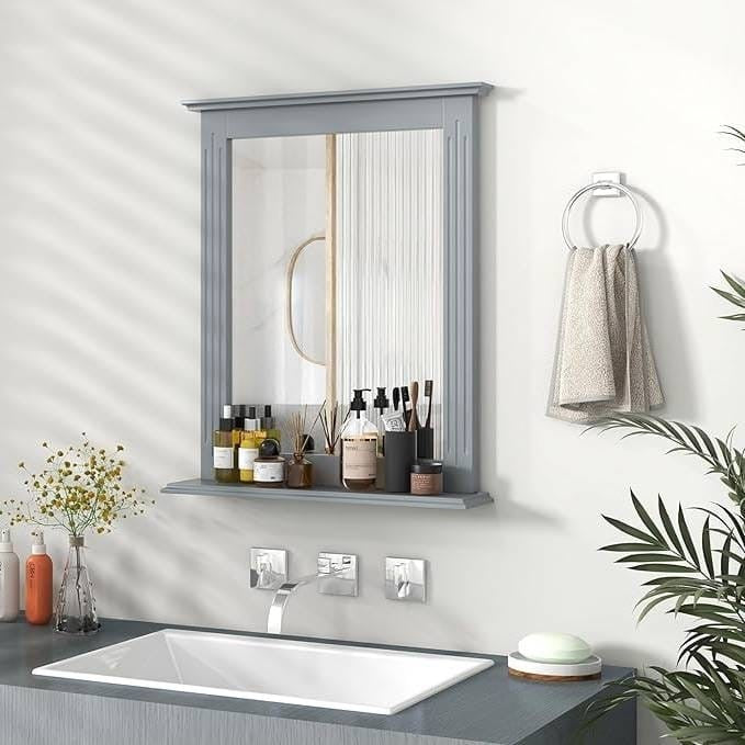27-in x 22.5-in Bathroom Wall Mirror with Shelf in Gray Wood Finish-0