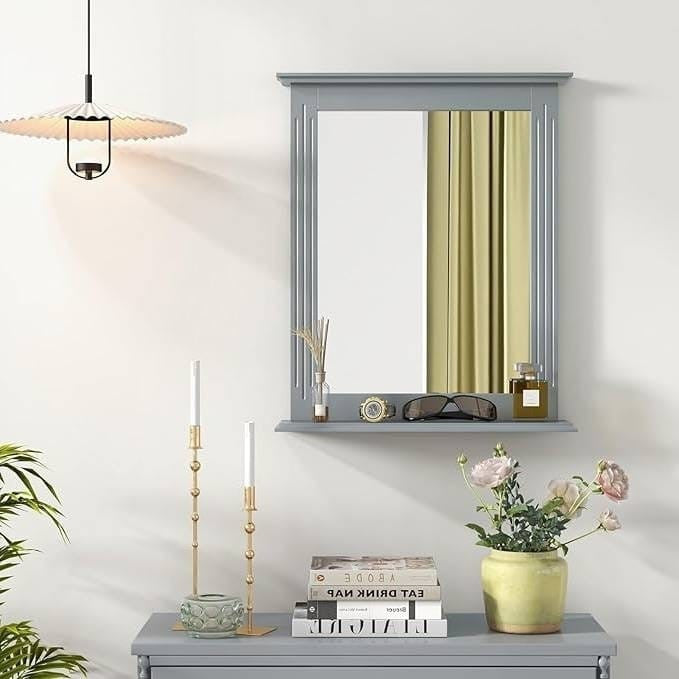 27-in x 22.5-in Bathroom Wall Mirror with Shelf in Gray Wood Finish-1