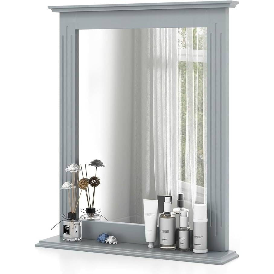 27-in x 22.5-in Bathroom Wall Mirror with Shelf in Gray Wood Finish-2