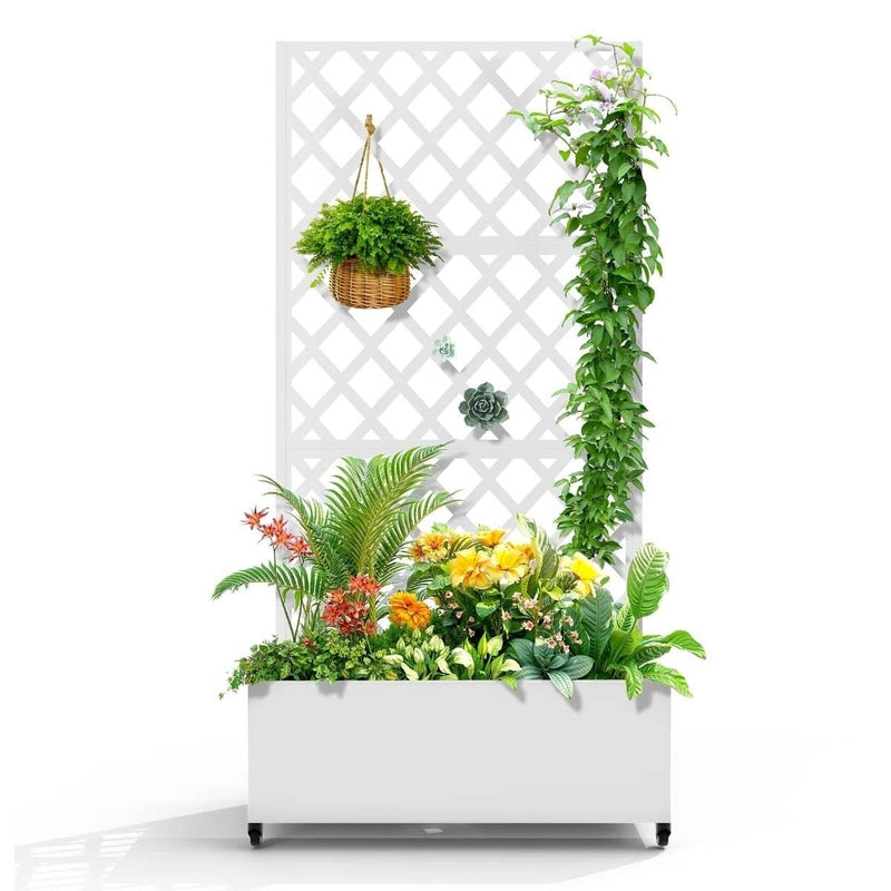 White Metal Outdoor Raised Garden Bed Planter Box with Trellis on Wheels-0