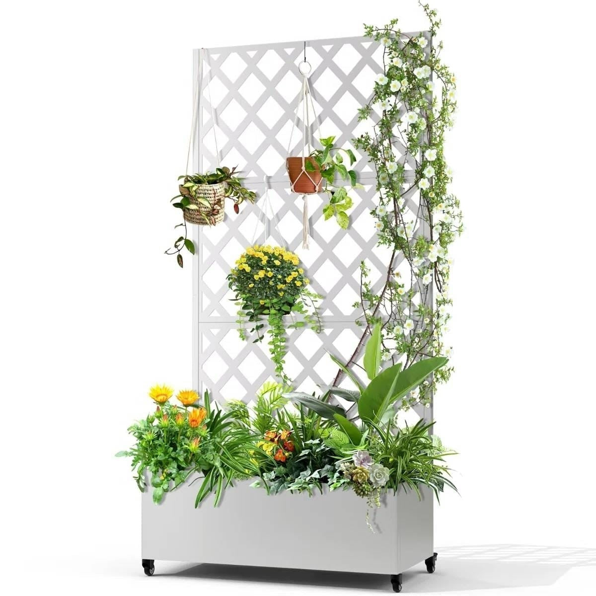 White Metal Outdoor Raised Garden Bed Planter Box with Trellis on Wheels-1