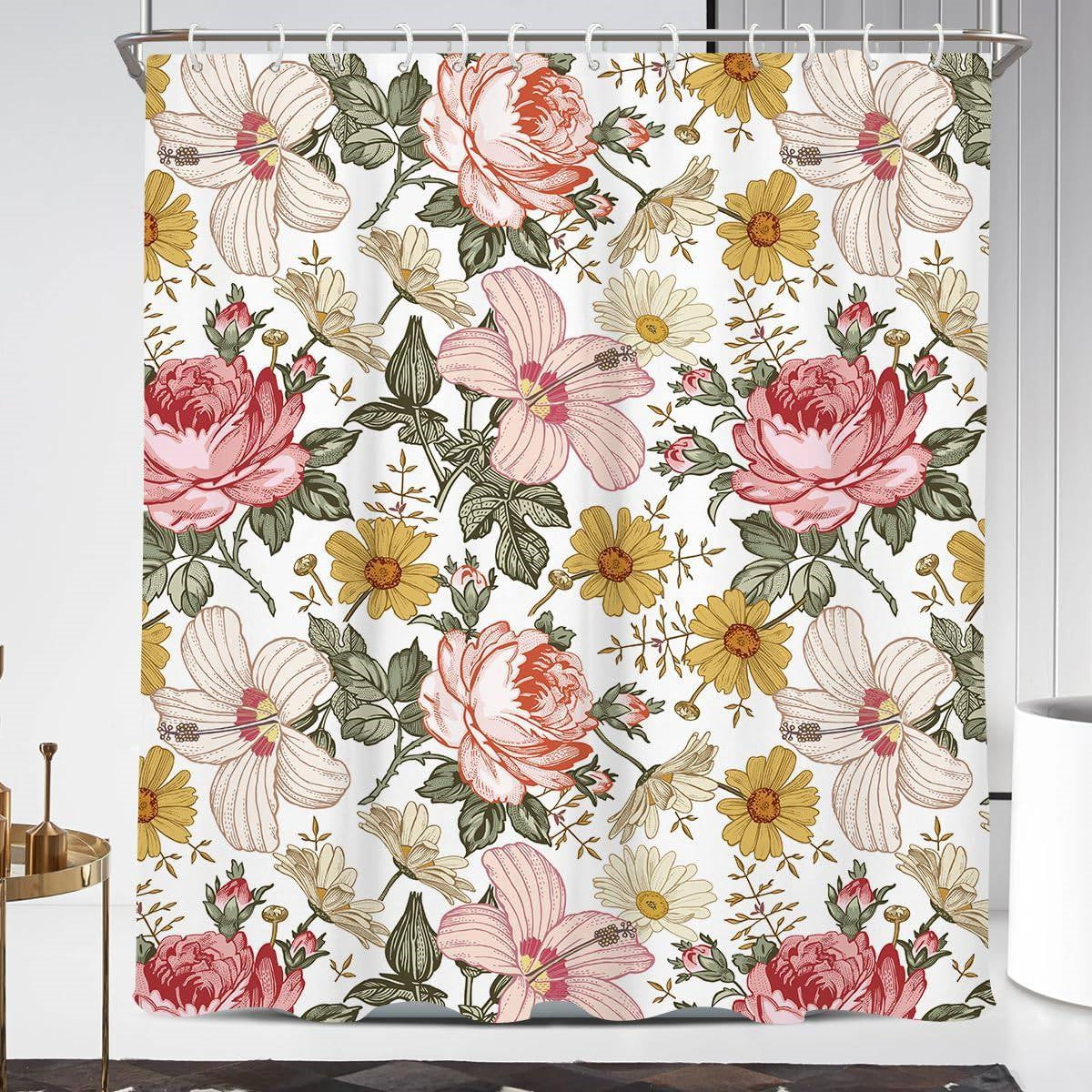 72"W x 84"H Vintage Floral Peony Pink Polyester Shower Curtain