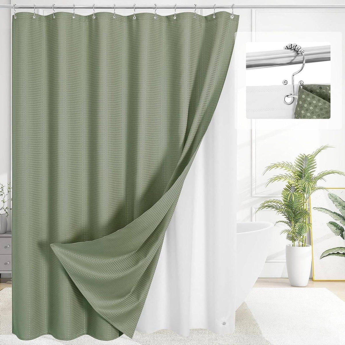 72"W x 78"H Sage Green Waffle Textured 3 in 1 Shower Curtain Set-1