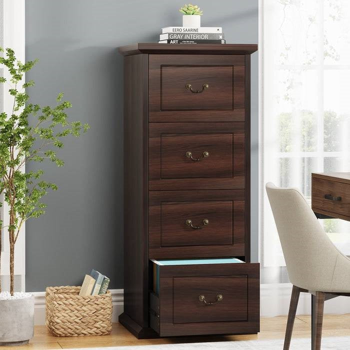 Traditional Vertical File Cabinet in Walnut Wood Finish with 4 Storage Drawers