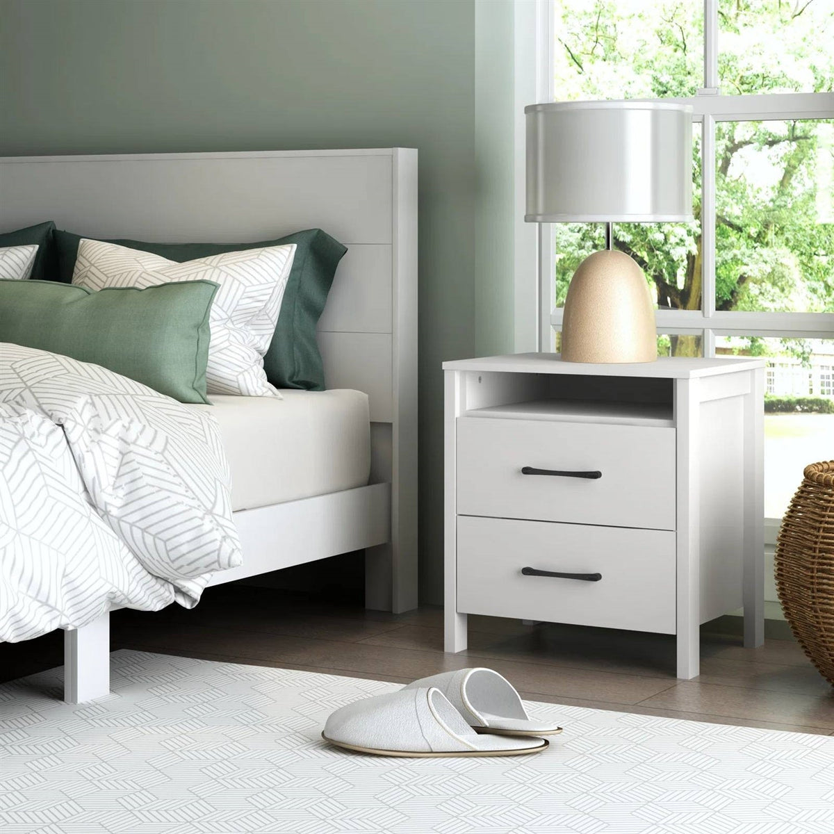 Modern 2-Drawer Bedside Table Nightstand in White Wood Finish