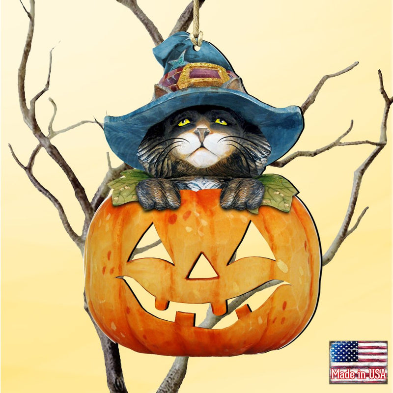 Halloween Cat Pumpkin Wooden Ornaments Fall by G. DeBrekht - Thanksgiving Halloween Decor - 8158416-0