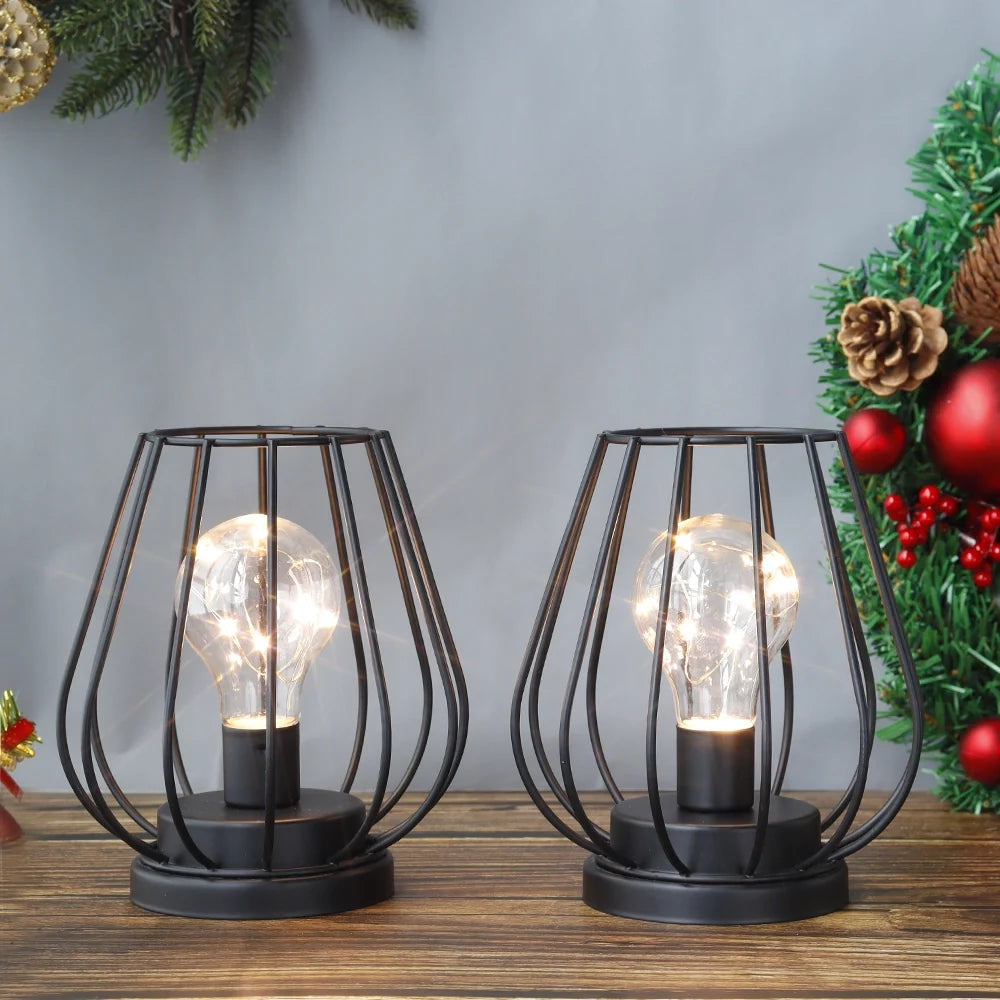 7''Tall  Set of 2 Metal Battery Operated Lamp  (Black)