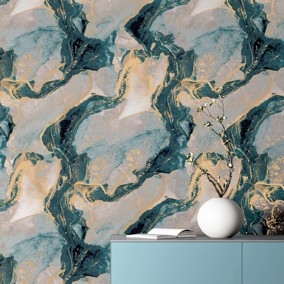 Abstract Marble Teal/Gold Wallpaper image 5