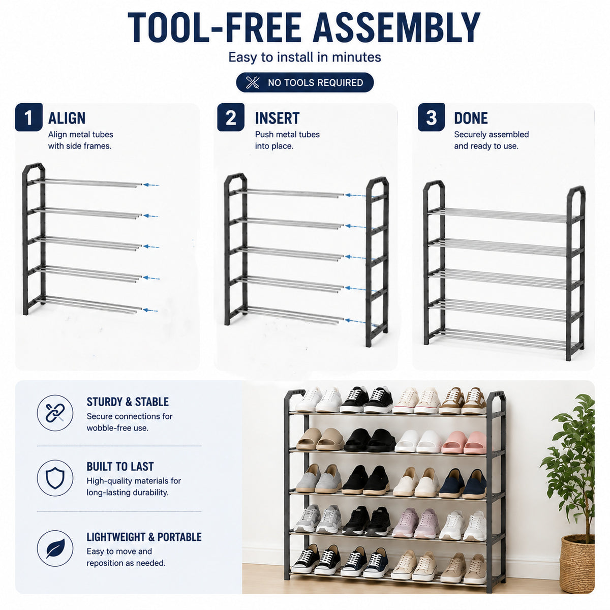 Shoe Rack 5 Tier, Metal Storage Organiser Stand Holds Up to 20 Pairs image 4
